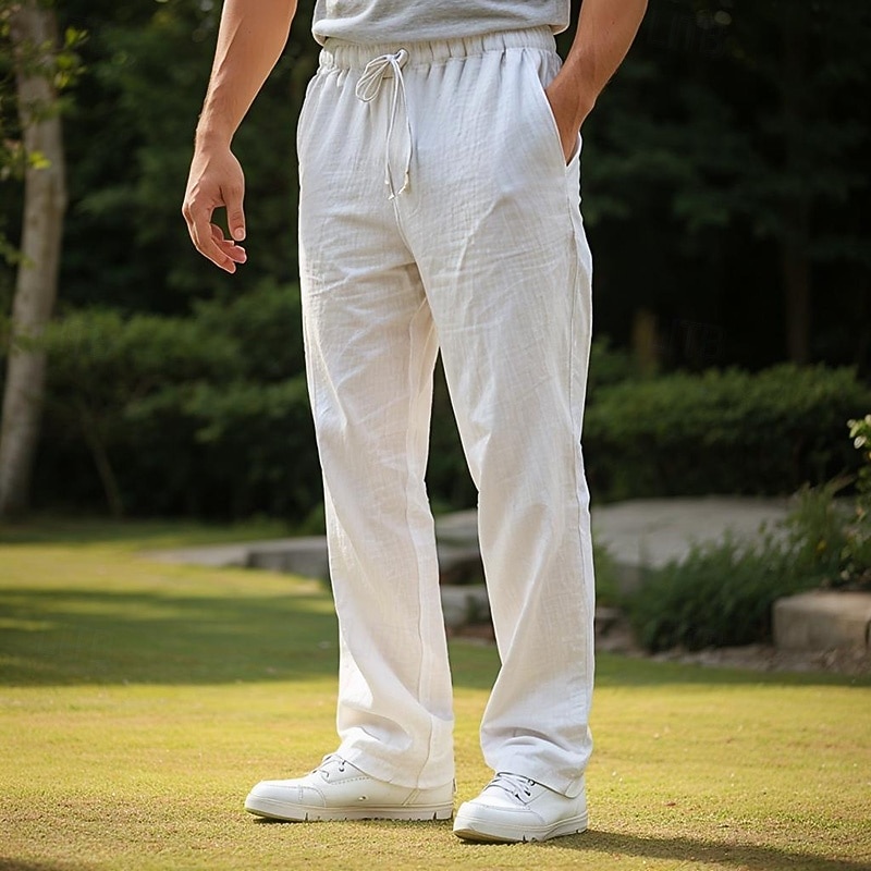 Men's Linen Pants Trousers Beach Pants Pocket Drawstring Plain Comfort Breathable Daily Stylish Hip Hop Black White Micro-elastic