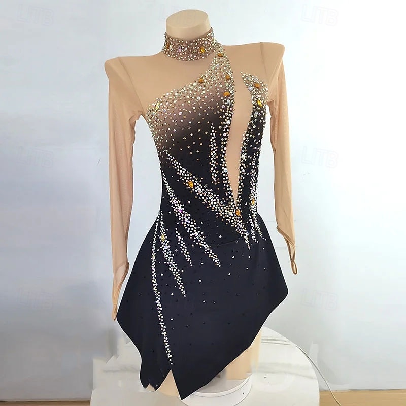 Figure Skating Dress Women's Girls' Ice Skating Dress Black High Elasticity Training Competition Skating Wear Classic Crystal / Rhinestone Long Sleeve Ice Skating Figure Skating