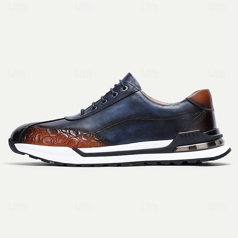 Blue and Brown Leather Sneakers with Crocodile Pattern and Lace-Up Closure for Men | Versatile for Casual and Business Casual4