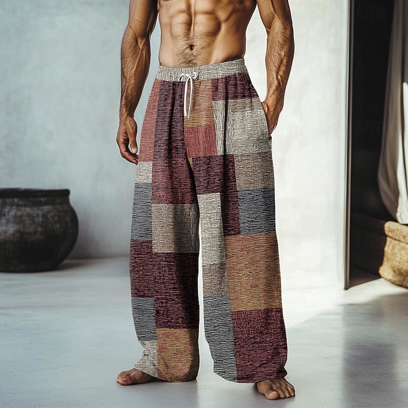 Men's Color Block Patchwork Pants Trousers Mid Waist Drawstring Elastic Waist Hawaiian Casual Outdoor Vacation Holiday Straight Leg Trousers Summer Spring Fall 3D Print Yellow Red Blue2