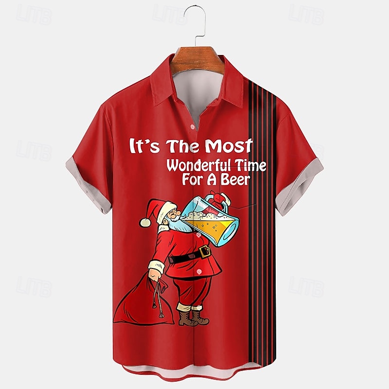 Christmas Men's Funny Christmas Printed Shirts Santa Claus Beer Casual Daily Wear Going out Weekend Autumn / Fall Turndown Short Sleeves Black, Red, Navy Blue S, M, L 4-Way Stretch Fabric Christmas2