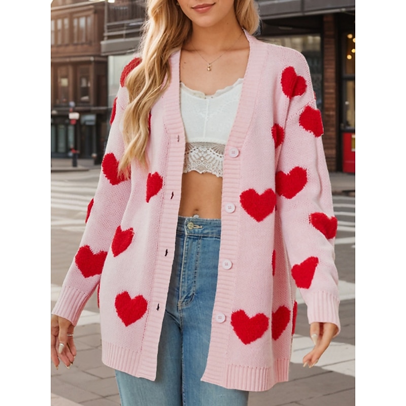 Women's Valentine Pink Sweater Cardigan Casual Soft Heart Ribbed V Neck Buttons Knitted Long Sleeve Regular Tops Knit Outdoor Daily Weekend Black White Fall Winter