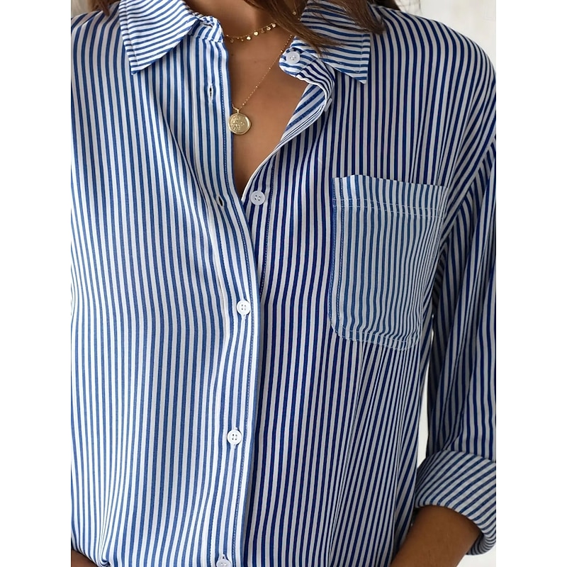 Women's Shirt Blouse Striped Basic Casual Long Sleeve Shirt Collar Regular Tops Daily Buttons Print Pink Blue Purple Gray Summer Spring4