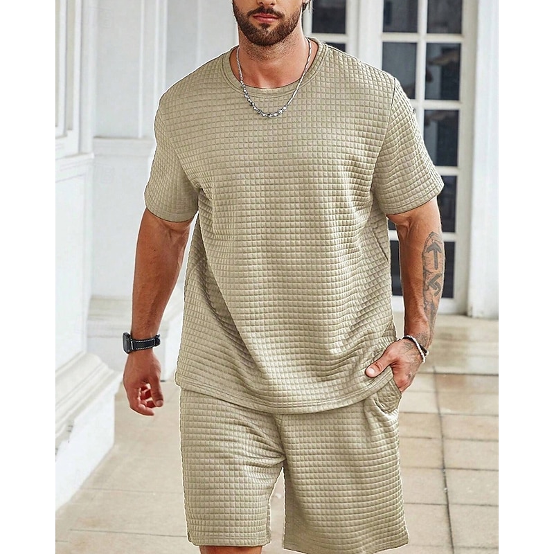 Men's Waffle Shirt T-shirt Suits 2 Pieces Outfits Tee & Shorts Short Sleeve Crew Neck Summer Plain Fashion Casual 2 Piece Vacation Daily Wear Going out Black White khaki Top Tee for Men4