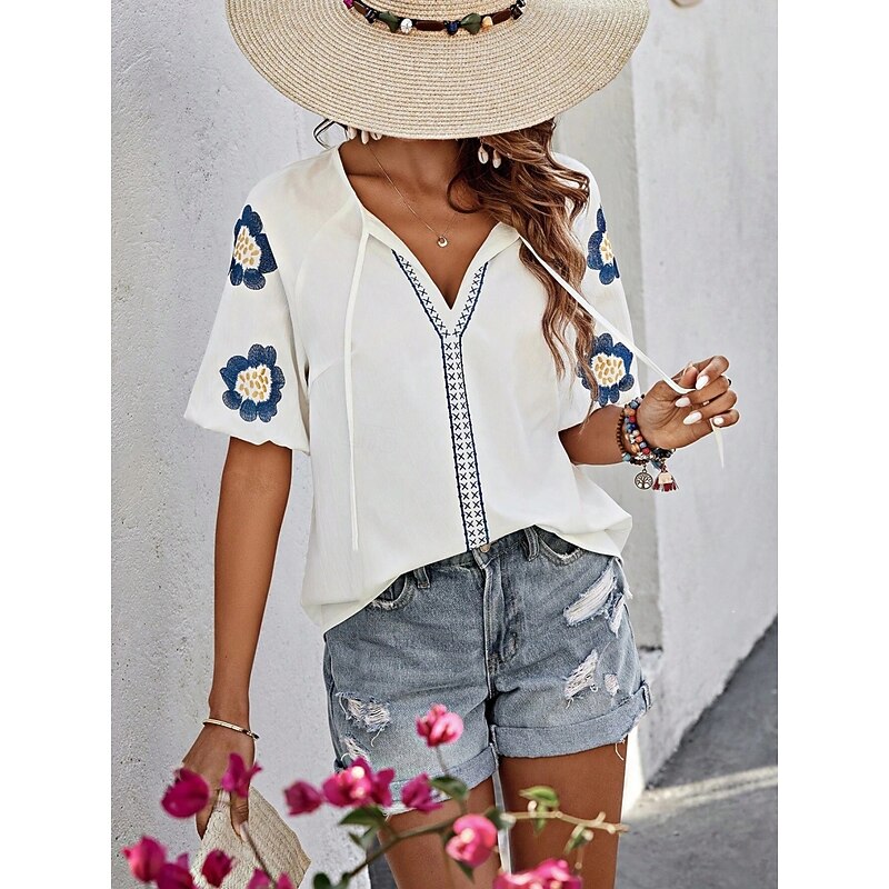 Women's Shirt Blouse Floral Stylish Casual Short Sleeve V Neck Regular Tops Daily Lace up Embroidered White Navy Blue Summer Spring4