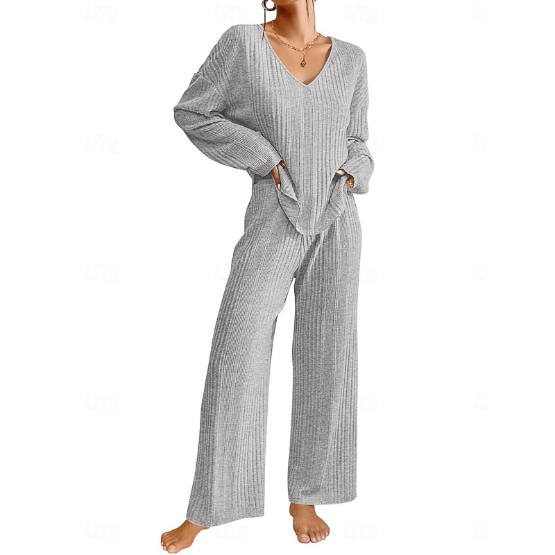 Women's Pajama Set Casual Comfort Pure Color Elastic Waist T Shirt Pant Home Daily Long Sleeve V Neck Black Light Grey Beige Spring Fall Winter Regular Fit4