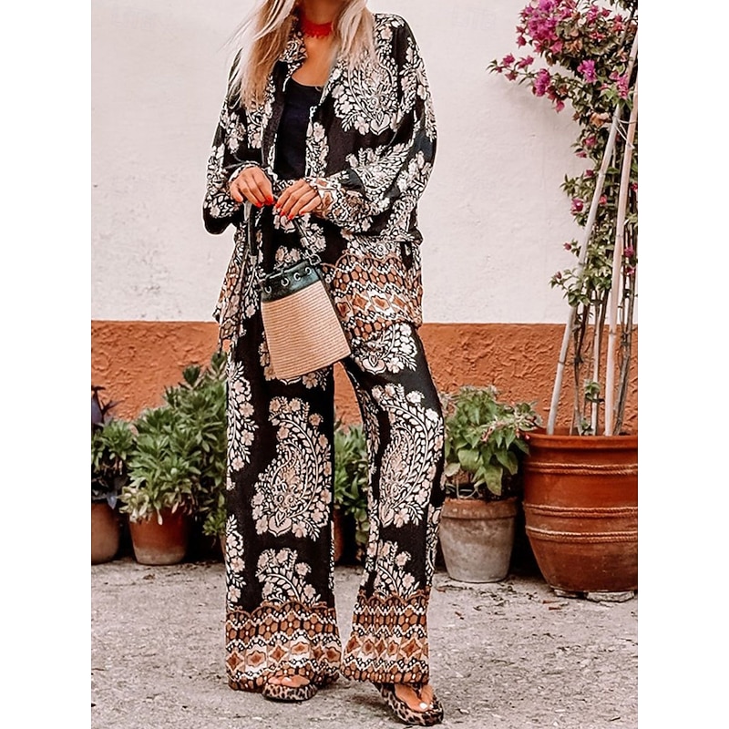 Women's Fashion Streetwear Daily Shirt Blouse Wide Leg Pants Long Sleeve Shirt Collar Floral Print Casual Daily Black Summer Regular Fit