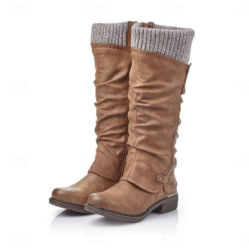 Women's Brown Slouchy Knit Cuff Knee-High Boots - Cozy and Stylish Fall/Winter Footwear2
