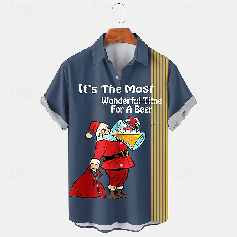 Christmas Men's Funny Christmas Printed Shirts Santa Claus Beer Casual Daily Wear Going out Weekend Autumn / Fall Turndown Short Sleeves Black, Red, Navy Blue S, M, L 4-Way Stretch Fabric Christmas4