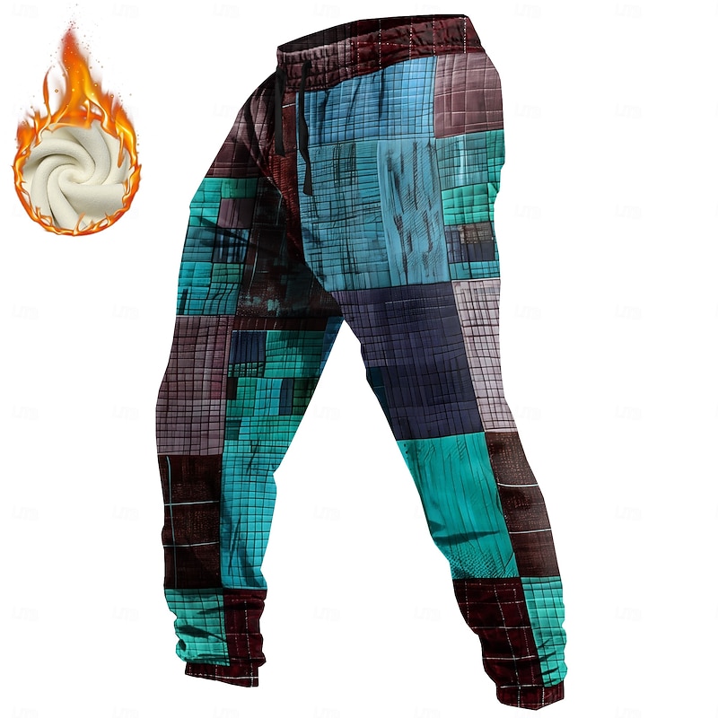 Men's Color Block Patchwork Fleece Sweatpants Drawstring Elastic Waist Vintage Casual Outdoor Holiday Streetwear Warm Fleece Lined Thermal Winter 3D Print Yellow Blue Orange4