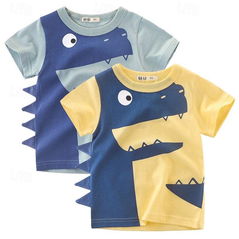 Multi Packs 2pcs Boys Crew Neck Short Sleeves Yellow+Blue T Shirt Tee Top Print Graphic Vacation Daily Wear 100% Cotton Spring & Summer
