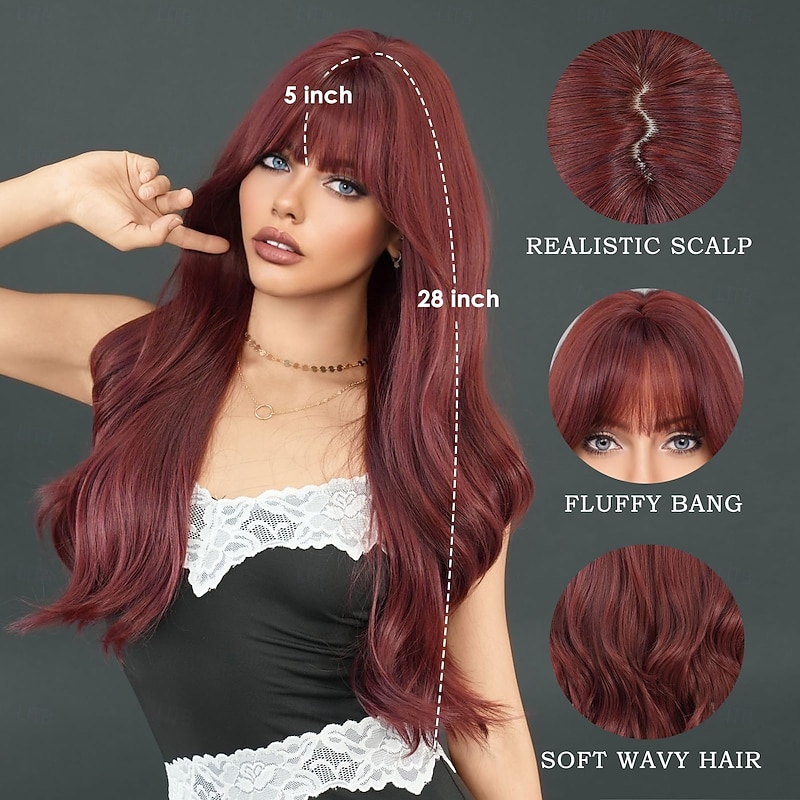 Long Wavy Wine Red Wig with Bang Burgundy Hair Synthetic Heat Resistant Wig Natural Maroon Dark Red Hair Heat Resistant Wigs for Women Daily Party Use2