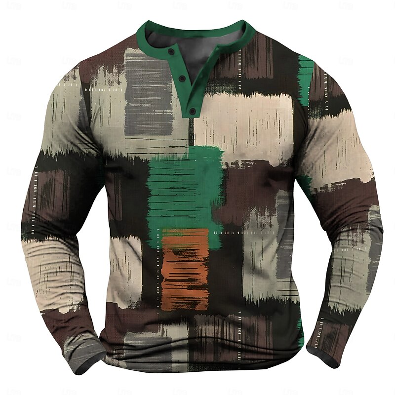 Men's Graphic Patchwork Geometrical Henley Shirt Tee Vintage Shirt Long Sleeve Fashion Designer Comfortable Outdoor Casual Daily Spring &  Fall Black Green Gray Henley Henley T-Shirt4