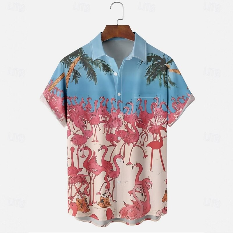 Men's Flamingo Summer Hawaiian Shirt Aloha Shirt Short Sleeve Hawaiian Casual Summer Spring Turndown Button Up Pink