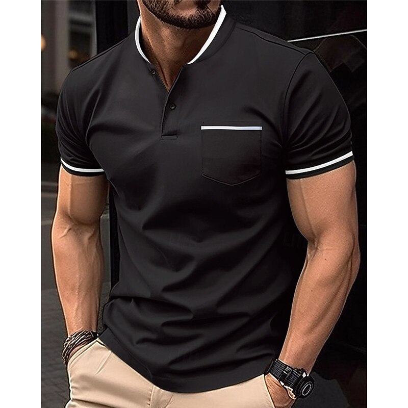 Men's Golf Shirt Golf Polos Shirts Work Casual Stand Collar Short Sleeve Basic Modern Color Block Patchwork Buttons Spring & Summer Regular Fit Wine Black White Sky Blue Khaki Gray Golf Shirt4