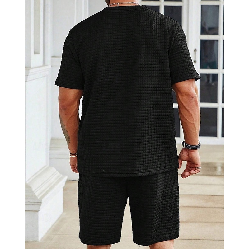 Men's Waffle Shirt T-shirt Suits 2 Pieces Outfits Tee & Shorts Short Sleeve Crew Neck Summer Plain Fashion Casual 2 Piece Vacation Daily Wear Going out Black White khaki Top Tee for Men2