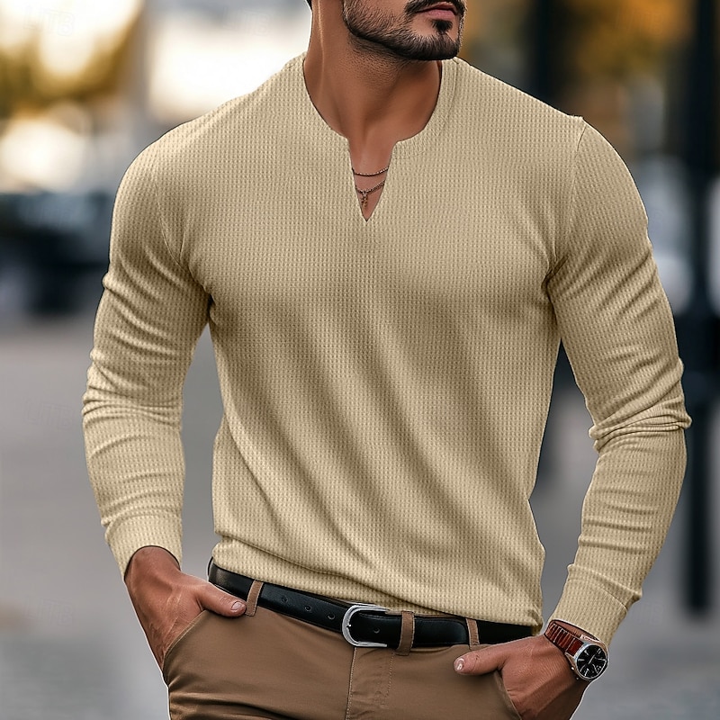 Men's Waffle Shirt T Shirt Tee Top Long Sleeve Shirt Long Sleeve V Neck Spring &  Fall Plain Fashion Designer Basic Classic Style Vacation Street Going out Black White Orange Top Tee for Men2