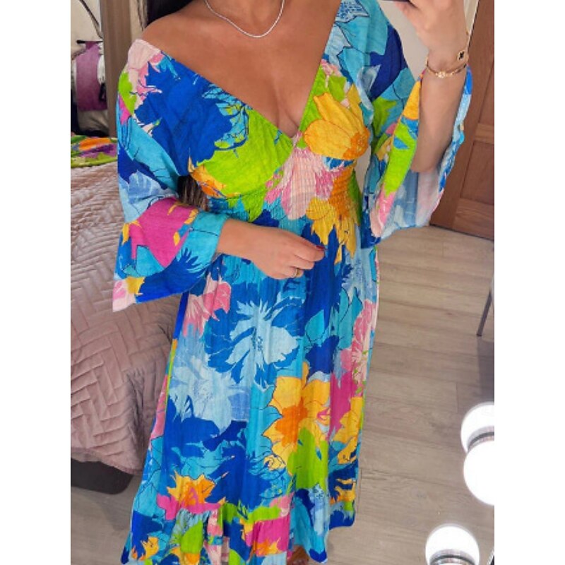 Women's Maxi Dress Casual Dress Swing Dress A Line Dress Casual Daily Regular Fit Floral 3/4 Length Sleeve V Neck Pink Blue Green Summer Spring Fall3