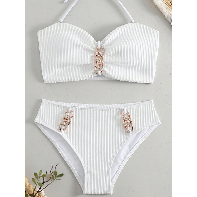 Women's Swimwear Bikini 2 Piece Briefs Swimsuit Backless Slim Vacation Beach Wear Solid Color Halter Neck Sleeveless Bathing Suits3