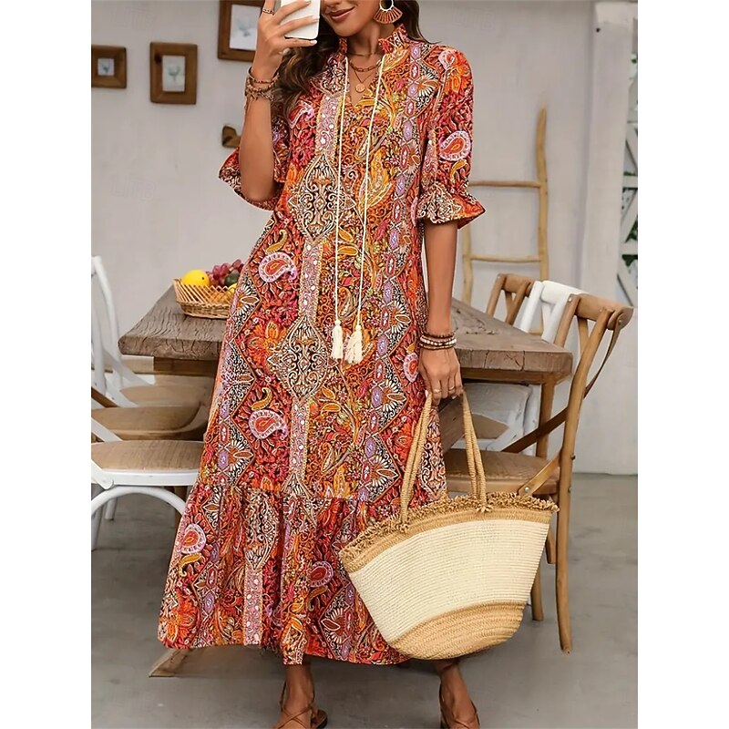 Women's Maxi Dress Casual Dress Boho Dress Cute Stylish Casual Vacation Daily Loose Fit Graphic 3/4 Length Sleeve V Neck Red Blue Orange Summer Spring Fall