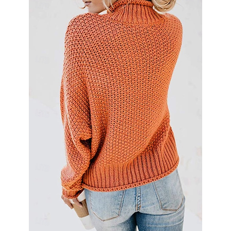 Women's Sweater Casual Soft Pure Color Ribbed Crew Neck Knitted Long Sleeve Regular Tops Knit Outdoor Daily Weekend Orange Khaki Fall Winter2