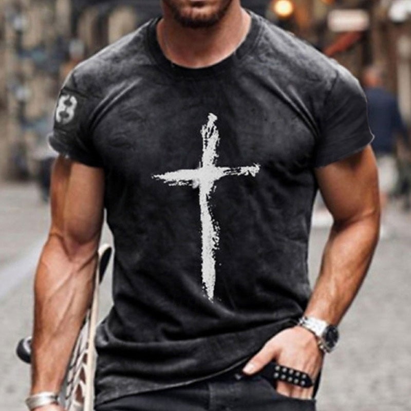 Men's Cross T Shirt Distressed T Shirt Short Sleeve T shirt Crew Neck Shirt Vintage Designer Basic Casual Daily Weekend Red Blue Dark Gray Summer Clothing Apparel Plus Size S M L XL XXL 3XL 4XL2