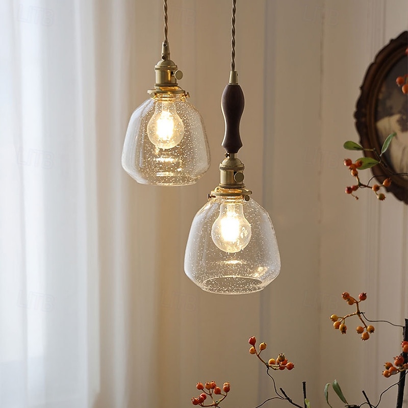 Air Bubble Glass Chandelier Vintage Metal Base Single Head Pendant Lamp Farmhouse Bedside Ceiling Lamp Fixture for Kitchen Island Dining Room Bedroom Hallway Bar Living Room 15cm 110-240V