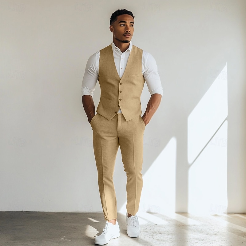 Men's Wedding Casual Linen Suits Brown Lightweight Casual Solid Colored Standard Fit 2 Piece2