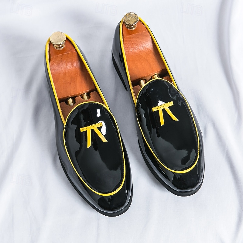 Men's Black Patent Faux Leather Loafers with Yellow Trim and Tassel Detail - Stylish Slip-On Shoes for Wedding, Formal Events and Parties3