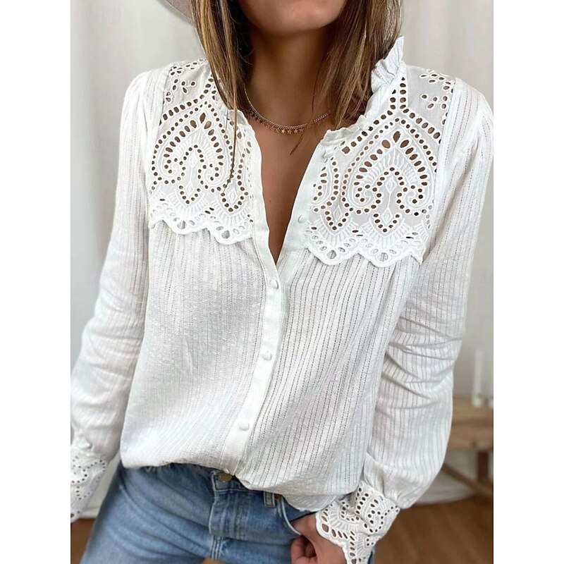 Women's White Elegant Lace Tops Eyelet Blouse Casual Solid Color Regular Tops Long Sleeve Shirt Collar Buttons Regular Fit Daily Romantic Petite Tops Summer Holiday Wear White Pink Blue