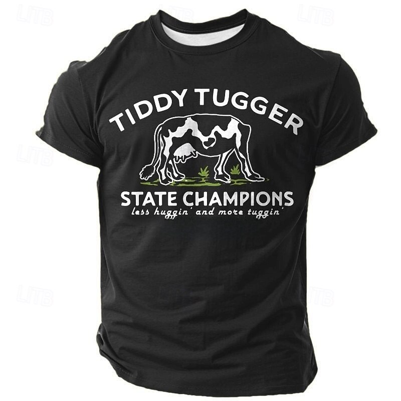 Men's Short Sleeve Graphic T-Shirt, Tiddy Tugger State Champions Funny Cow Milking Humor with Less Huggin' More Tuggin' Slogan