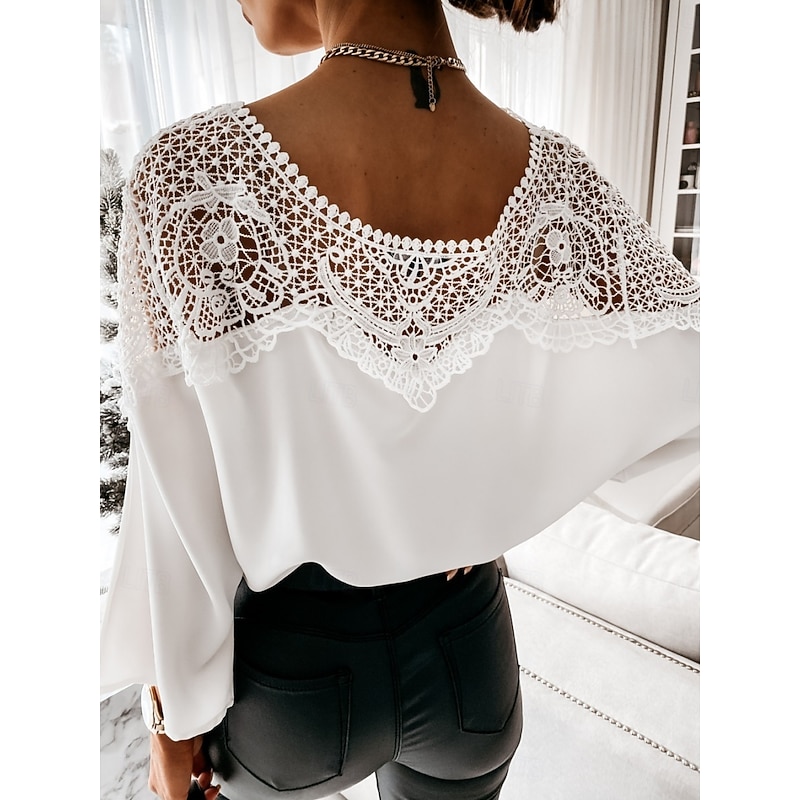 Women's Shirt Blouse Solid Color Basic Casual Long Sleeve Crew Neck Regular Tops Daily Lace Patchwork Black White Fall Winter3
