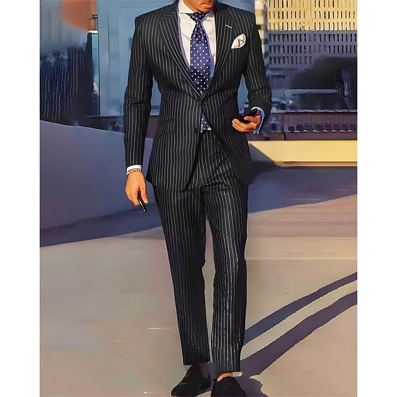 Men's Blazer Set Business Cocktail Party Wedding Party Fashion Casual Spring &  Fall Polyester Stripes Pocket 2 Piece Comfortable Single Breasted Blazer Black Navy Blue3