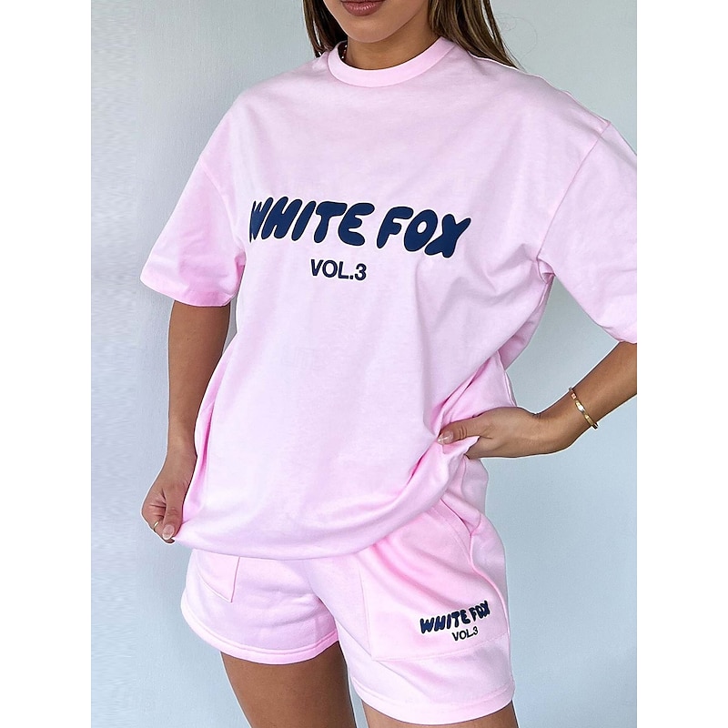 Women's Fashion Daily T Shirt Sweat Shorts Short Sleeve Crew Neck Letter Patchwork Outdoor Casual Black Pink Beige Summer Regular Fit