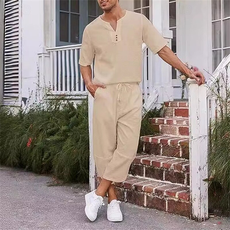 Men's Shirt 2 Piece Shirt Set Summer Shirt Matching Sets Plain Vacation Street Black White Navy Blue Khaki Short Sleeve V Neck Summer Clothing Apparel