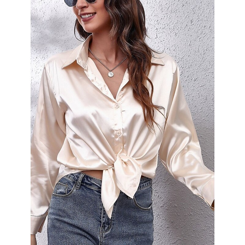 Women's Shirt Blouse Solid Color Basic Casual Long Sleeve V Neck Regular Tops Daily Buttons White Red Beige Summer Spring Fall2