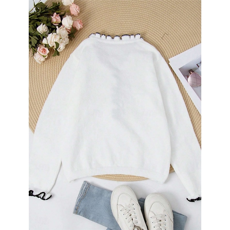 Women's Sweater Cardigan Casual Soft Pure Color Ribbed V Neck Ruffle Buttons Knitted Long Sleeve Regular Tops Knit Outdoor Daily Weekend Black White Fall Winter2