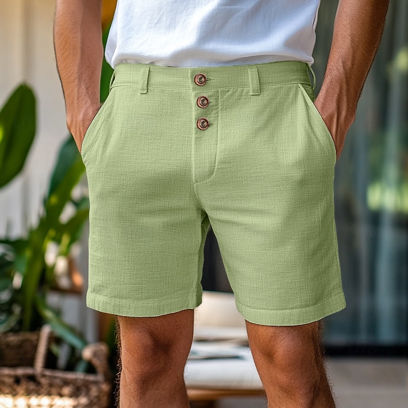 Men's Shorts Linen Shorts Summer Shorts Buttons Pocket Straight Leg Plain Comfort Breathable Short Home Simple Classic Style Black White
