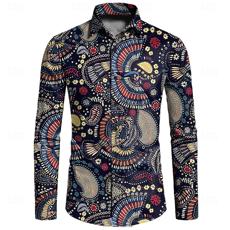 Men's Floral Vintage Colorful Shirt Summer Hawaiian Shirt Aloha Shirt Long Sleeve Shirt Turndown Vintage Designer Ethnic Style Vacation Party Going out Black Wine Red S M L4