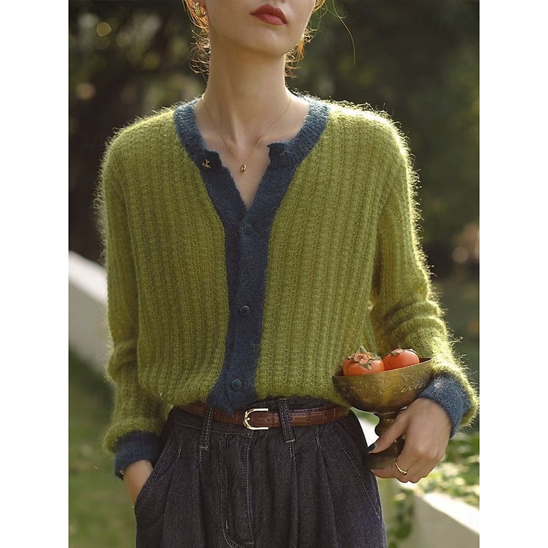 Women's Sweater Cardigan Casual Soft Pure Color Ribbed Crew Neck Buttons Knitted Long Sleeve Regular Tops Knit Outdoor Daily Weekend Green Apricot Fall Winter