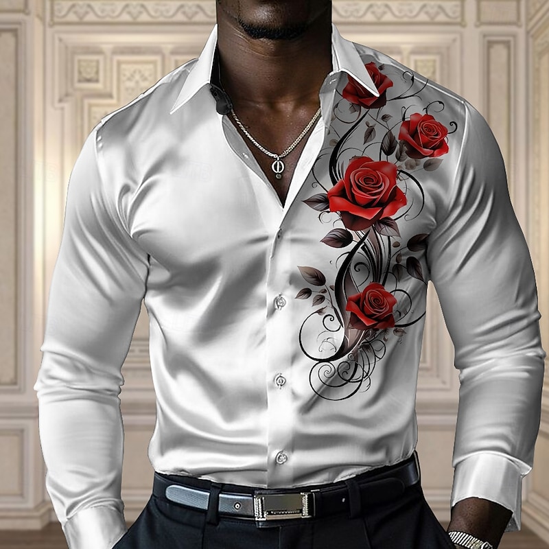 Men's Rose Casual Shirt Button Up Shirt Long Sleeve Fashion Casual Party Casual Spring Fall Turndown Button Up Black Yellow Red Blue