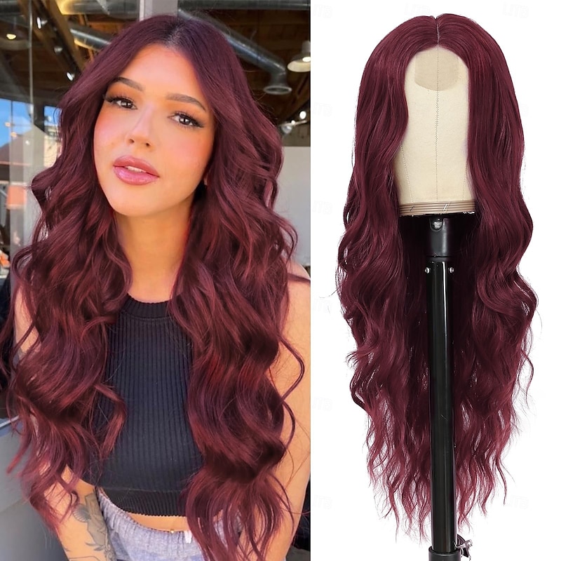 Long Wine Red Wavy Wig for Women 26 Inch Middle Part Curly Wavy Wig Natural Looking Synthetic Heat Resistant Fiber Wig for Daily Party Use (Wine Red)