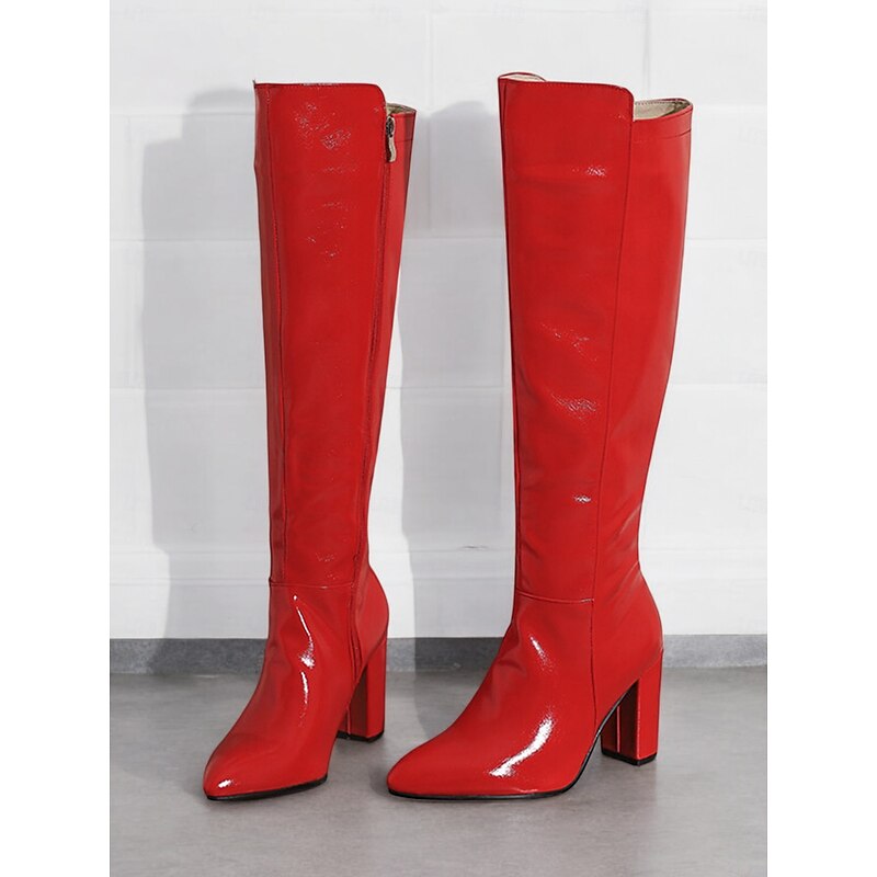 Women's Black Patent Leather Knee-High Boots with Block Heels, Sleek Design for Fashionable Evening Wear and Special Occasions