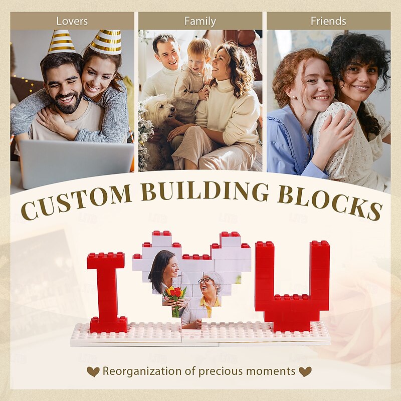 Personalized Photo Building Brick Puzzle Custom Best Gift for Mom – Wedding Gift for Couple, Heart-Shaped Double-Sided Photo Puzzle, 3D Art with Photo Frame3