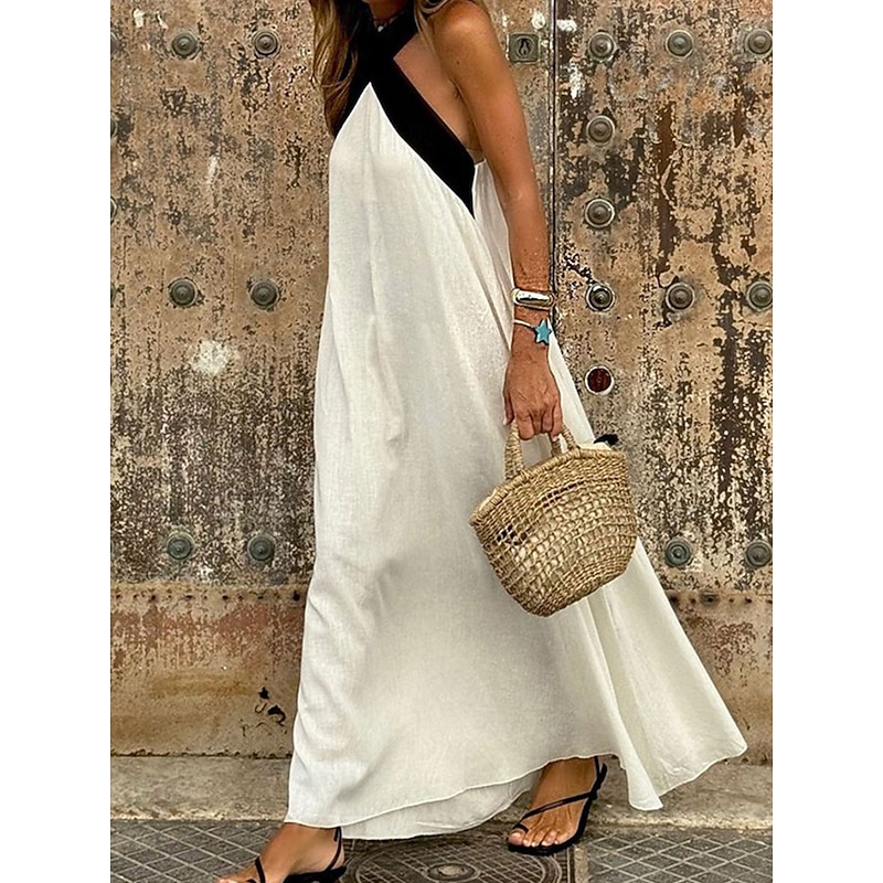 Women's Black White Summer Spring Maxi Dress Linen-Inspired Dresses Cotton Maxi Dress Elegant Fashion Casual Outdoor Daily Holiday Loose Fit Ombre Cold Shoulder4