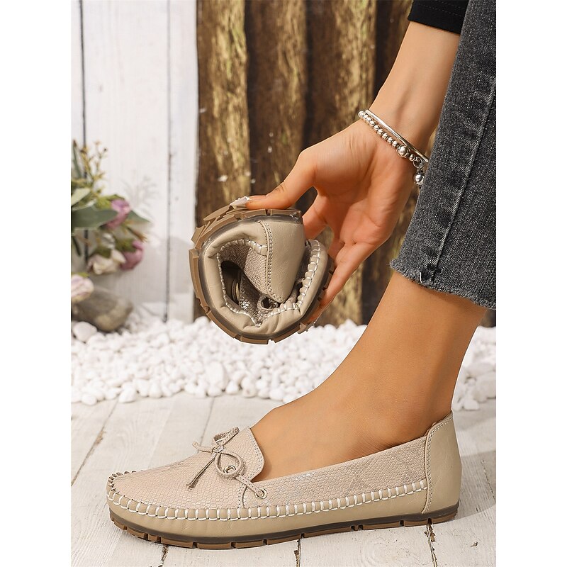 Women's Almond Faux Leather Loafers with Bow Tie and Textured Design - Comfortable Slip-On Moccasins for Casual and Everyday Wear