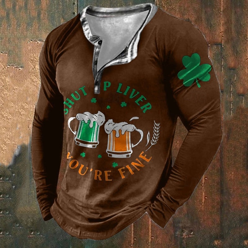 Men's St. Patrick Graphic Shamrock Beer T Shirt T shirt Tee Tee Top Long Sleeve 3D Print Fashion Designer Basic Vacation Street Going out Spring &  Fall Black Green Coffee Gray Henley Henley T-Shirt3