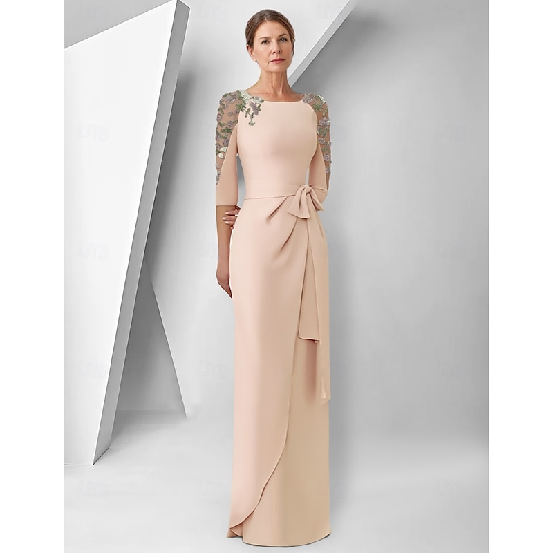 Sheath / Column Dress Mother of the Bride Dress Elegant Jewel Neck Floor Length Stretch Fabric 3/4 Length Sleeve with Lace Embroidery Appliques