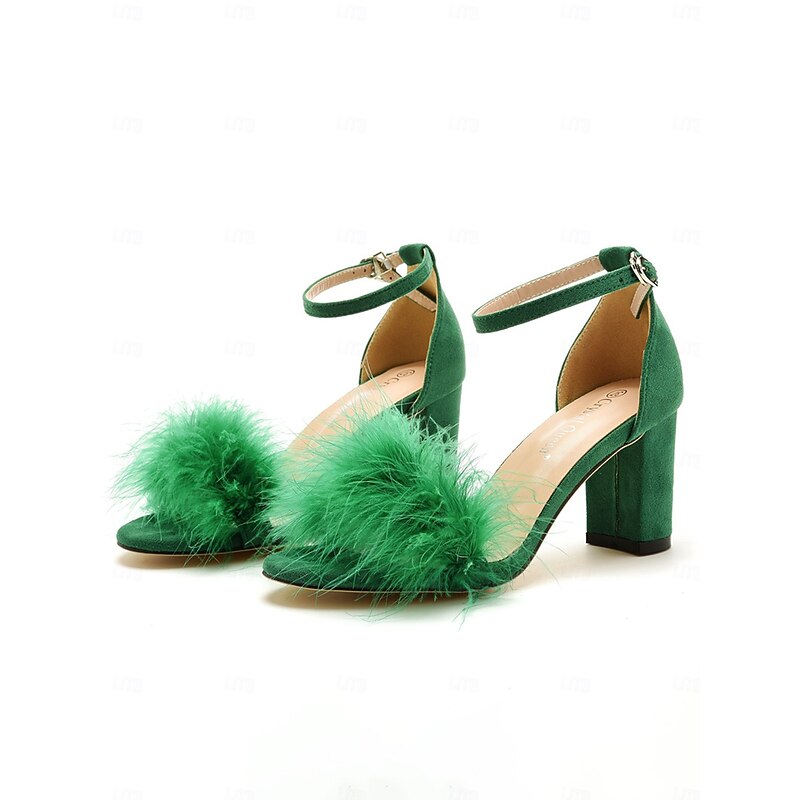 Feather-Embellished Block Heel Wedding Sandals for Women – Elegant Bridal Party Shoes with Ankle Strap3
