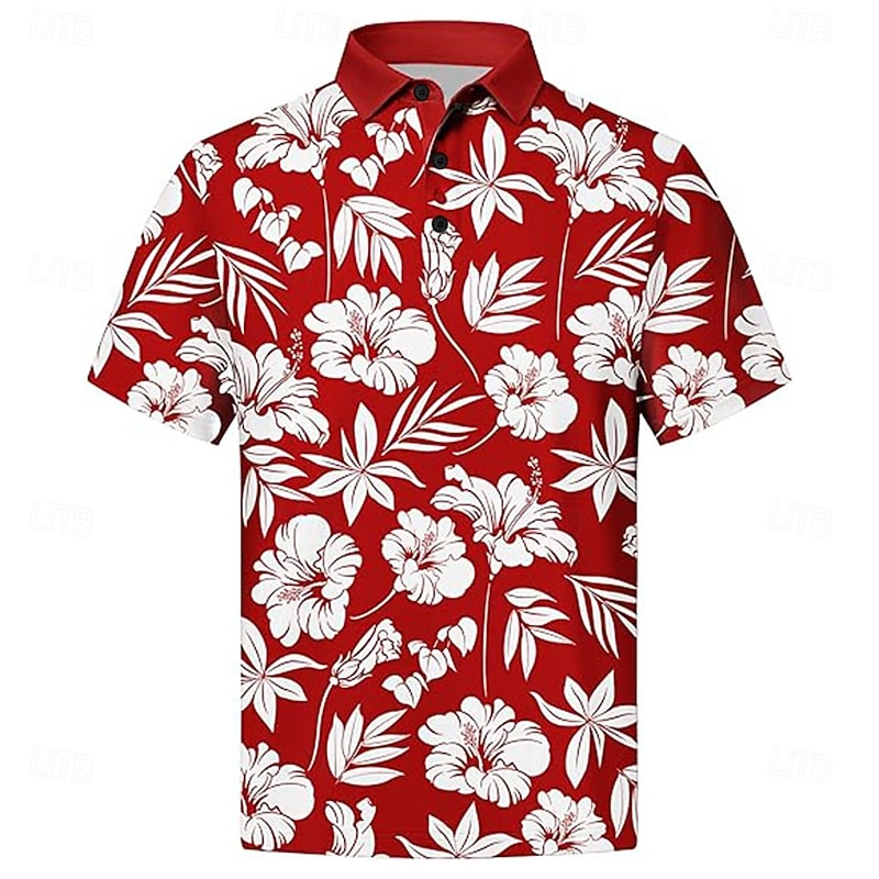 Men's Floral Polo Short Sleeve Polo Shirts Collared Shirts Casual School Outdoor Hawaiian Daily Wear 3D Print Summer Spring Fall Red